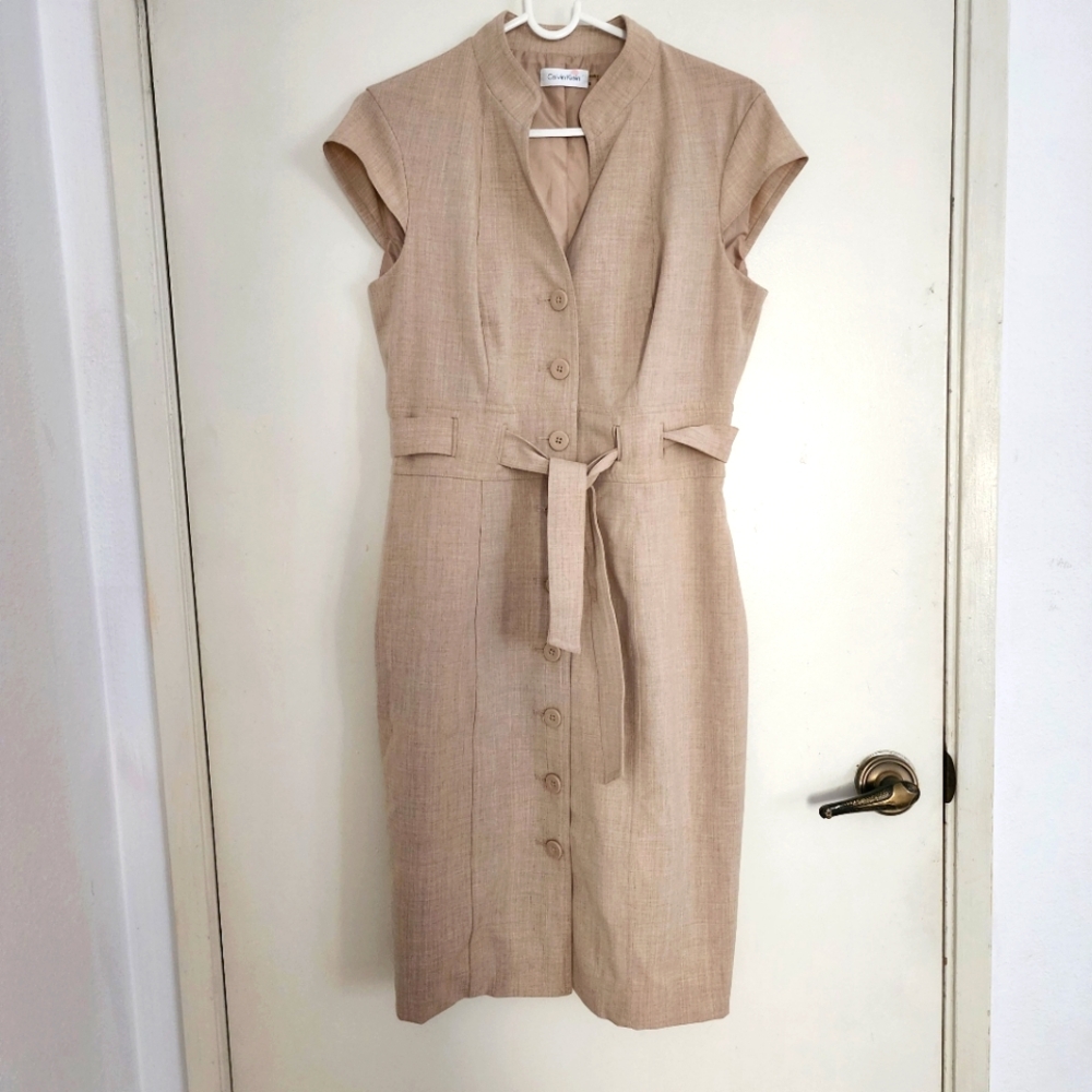 CALVIN KLEIN tan button front dress in linen blend